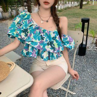 One-shoulder Floral Ruffle Trim Cropped Blouse