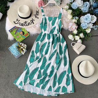 Leaf-print Bow-back Sleeveless Dress Green Leaf - White - One Size