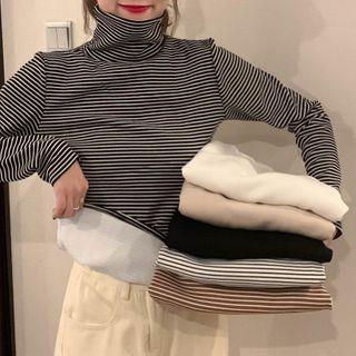 Turtleneck Fleece-lined Striped Long-sleeve Top