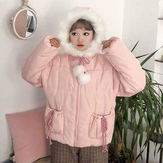 Faux Fur Trim Hooded Padded Jacket Pink - One Size