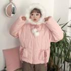 Faux Fur Trim Hooded Padded Jacket Pink - One Size