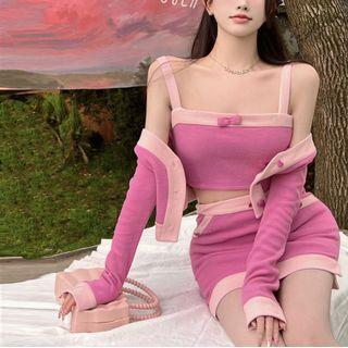 Two-tone Cropped Cardigan / Cropped Camisole Top / High-waist Mini Skirt