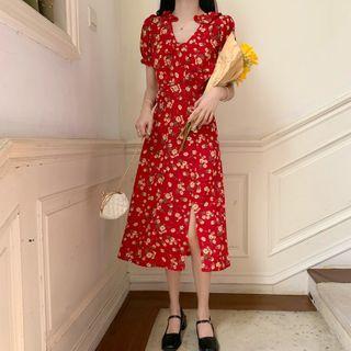 Short-sleeve Floral Slit-hem Dress