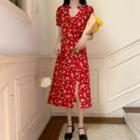 Short-sleeve Floral Slit-hem Dress
