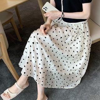 Heart Print Midi A-line Skirt Almond - One Size