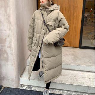 Hooded Stand-collar Maxi Jacket Khaki - One Size