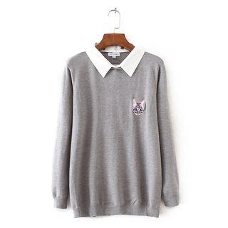 Mock Two-piece Cat Embroidered Sweater