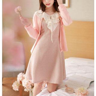 Ruffle-collar Tweed-panel Flare Dress