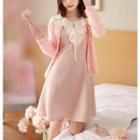 Ruffle-collar Tweed-panel Flare Dress