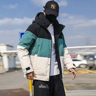 Color Panel Lettering Hooded Padded Jacket