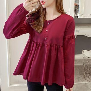 Long-sleeve Plain Loose Fit Blouse