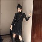 Set Of 2: Turtleneck Long-sleeve T-shirt + Sequined Spaghetti-strap Dress Black - One Size