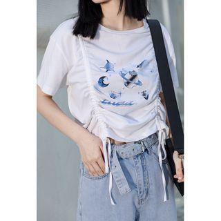 Short-sleeve Cartoon Print Drawstring T-shirt