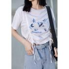 Short-sleeve Cartoon Print Drawstring T-shirt
