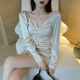 Plain V-neck Ruched Slim-fit Long-sleeve Dress Almond - One Size