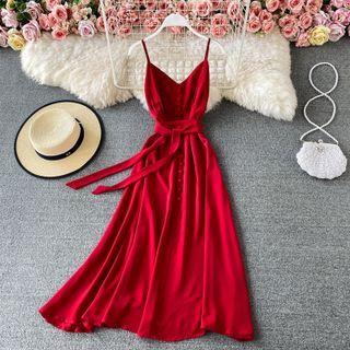 Spaghetti Strap Button Detail Maxi Dress With Sash
