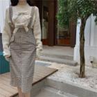 Bow Sweater / Plaid Suspender Midi Pencil Skirt