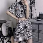 Set: Elbow-sleeve Zebra Print T-shirt + Mini A-line Skirt