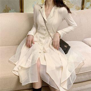 Mesh Panel Single-breasted Long-sleeve A-line Dress