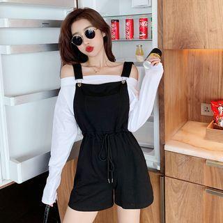 Set: Off-shoulder Long-sleeve Top + Jumper Shorts