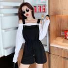 Set: Off-shoulder Long-sleeve Top + Jumper Shorts
