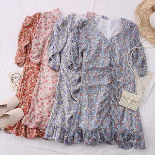 Ruffled-hem Ruched Floral Mini Dress