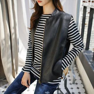 Stand-collar Faux-leather Zip Vest