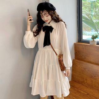 Balloon-sleeve Bow A-line Dress / Chunky Cardigan