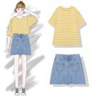 Elbow-sleeve Striped T-shirt / Mini Denim Skirt