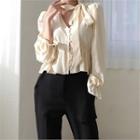 Tie-neck Bell-cuff Peplum Blouse Cream - One Size