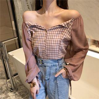 Off-shoulder Plaid Panel Chiffon Blouse