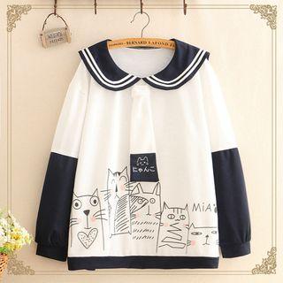 Color Block Cat Print Pullover As Shown In Figure - One Size