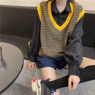 Lantern Sleeve Plain Shirt / Contrast Trim Plaid Vest / Denim Shorts