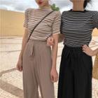 Short-sleeve Striped Knit Top / Wide-leg Pants