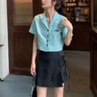 Short-sleeve Applique Plaid Shirt / Asymmetric Drawstring A-line Skirt