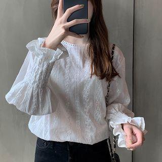 Long-sleeve Frill Trim Lace Top White - One Size