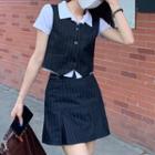Short-sleeve Plain Shirt / Striped Button-up Vest / Mini Skirt