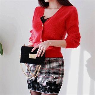 V-neck Faux-pearl Button Furry Cardigan
