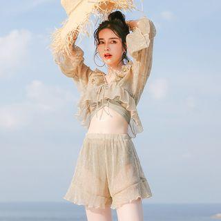 Set Of 4: Long-sleeve Cover-up + Shorts + Bikini Top + Swim Shorts