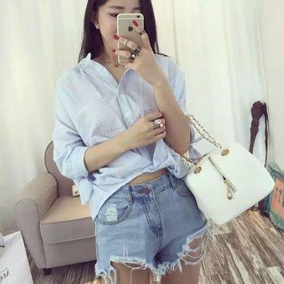 Dolman-sleeve Elbow-sleeve Bow Stand Collar V-neck Blouse