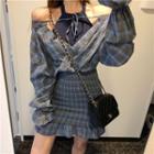 Mock Two-piece Plaid Long-sleeve Dress As Shown In Figure - One Size
