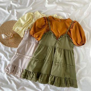Set - Wood Ear Trim Spaghetti-strap Dress + Puff-sleeve Plain Top