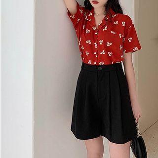Short-sleeve Flower Print Shirt / High-waist Shorts