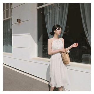 Halter Summer Dress With Sash Beige - One Size