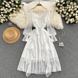 Square-neck Ruffle Mesh Long-sleeve Dress