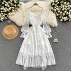 Square-neck Ruffle Mesh Long-sleeve Dress