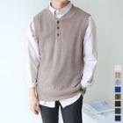 Buttoned-neckline Sleeveless Rib-knit Sweater