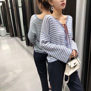 Striped Long-sleeve Knit Top Stripe - Light Blue - One Size