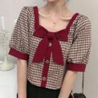 Short-sleeve Plaid Bow Blouse