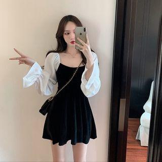 Long-sleeve Paneled Mini A-line Velvet Dress As Shown In Figure - One Size